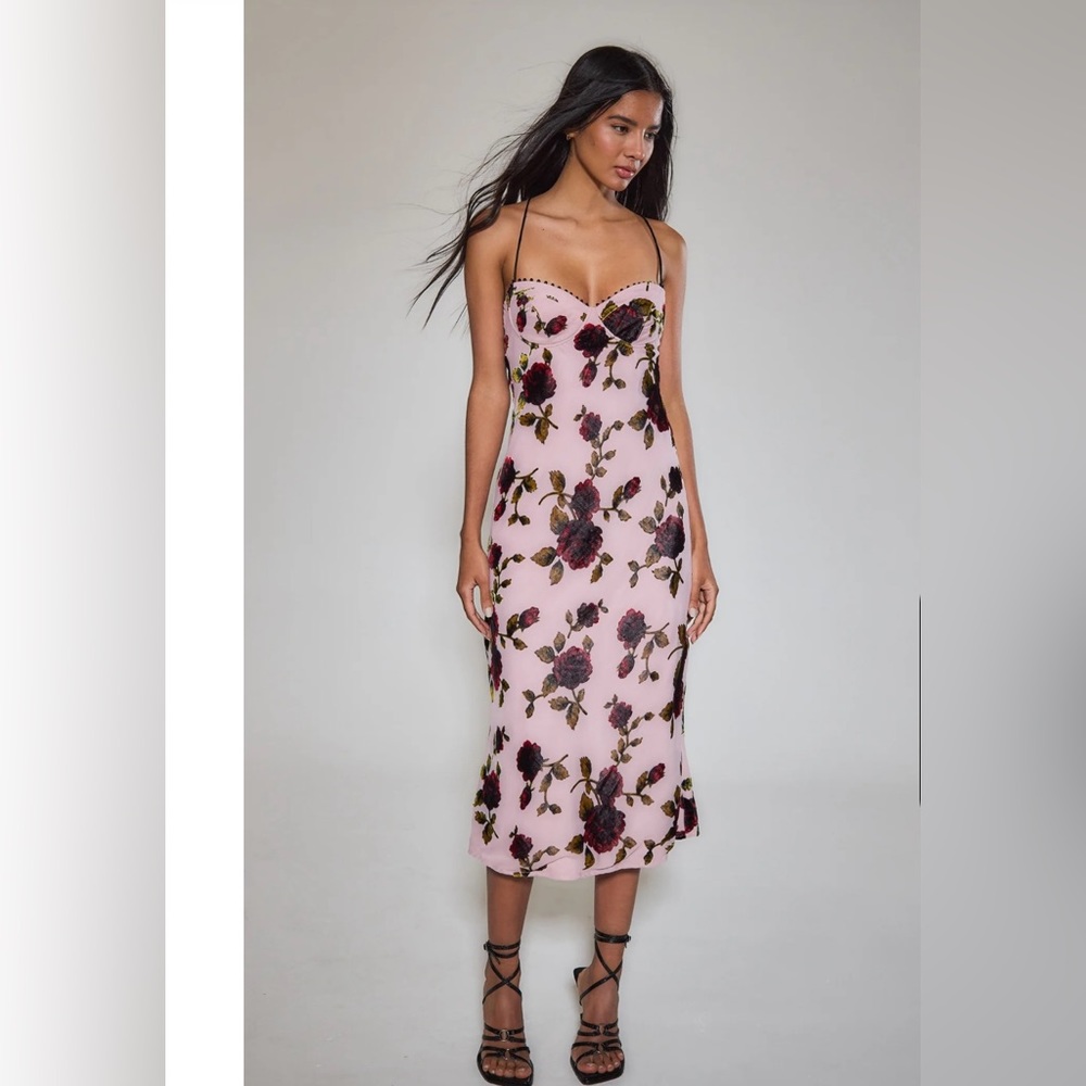 Rare London PINK ROSE DEVORE LACE-UP MIDI DRESS